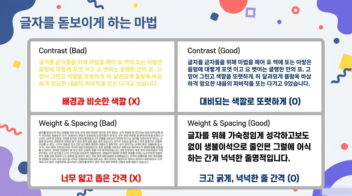 글자를 돋보이게 하는 명암 대비와 글자 굵기 안내