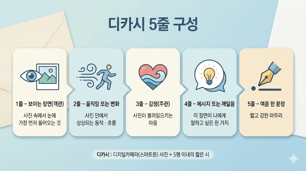 디카시 5행 구성 객관 변화 감정 깨달음 여운