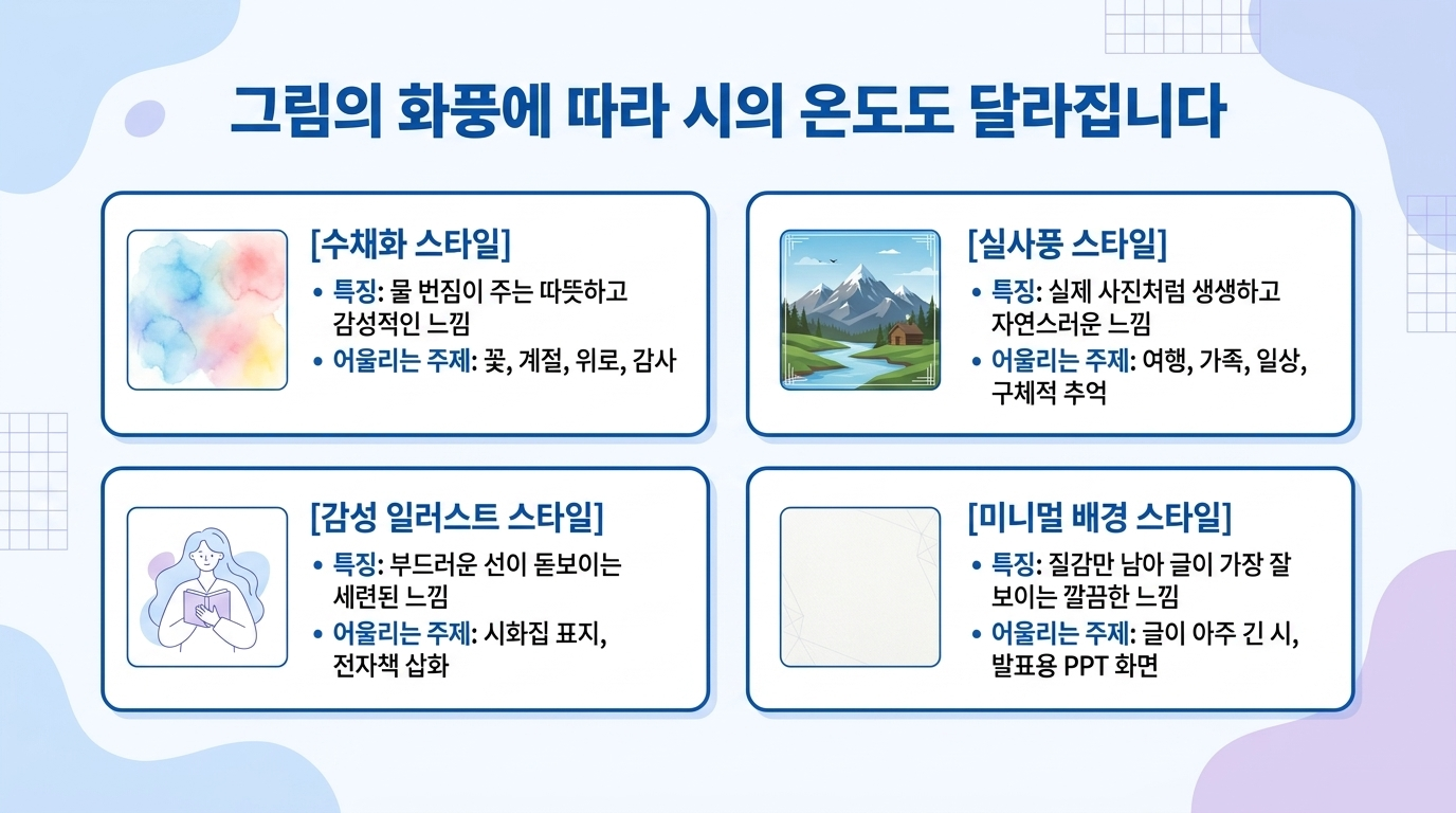 수채화, 실사, 감성 일러스트, 미니멀 배경에 따른 시의 온도 예시