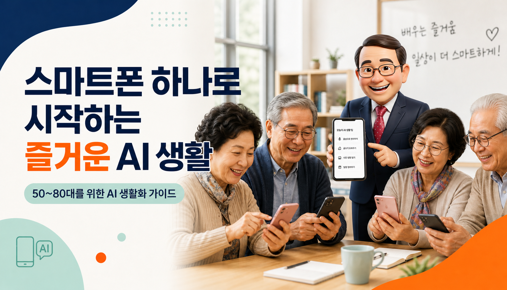 밝은 교실에서 스마트폰으로 AI를 배우는 한국인 시니어와 캐릭터 강사