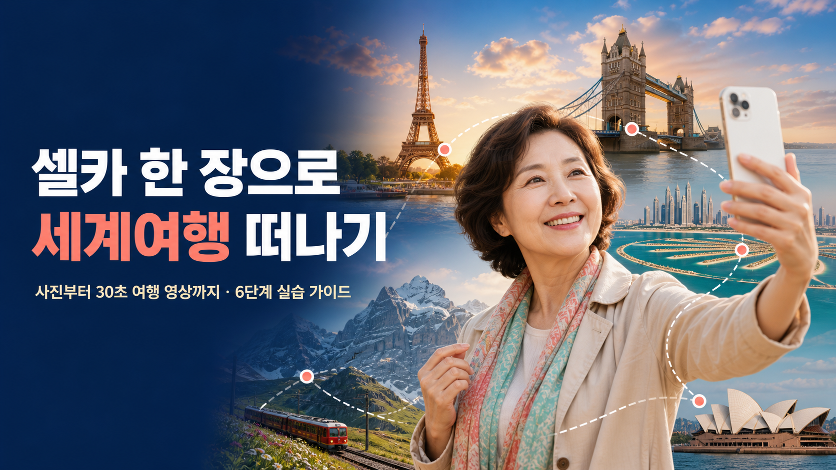 파리, 런던, 스위스, 두바이, 호주를 배경으로 셀카를 찍는 여행자